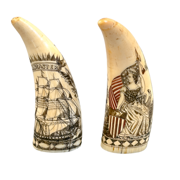 Pair of Antique Scrimshaw Teeth - Lancaster & Lady Liberty