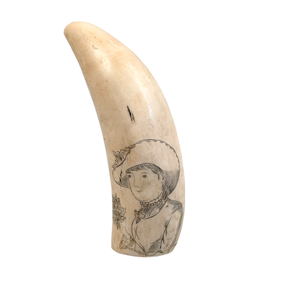 Antique Scrimshaw Tooth - Woman with Hat & Flowers