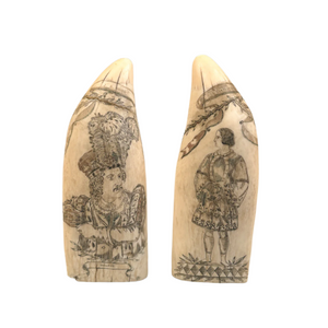 Pair of Antique Scrimshaw Teeth, Actors J.B. Booth & Mrs. Charles Kean