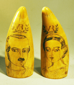 Pair antique scrimshaw teeth with British  Royalty